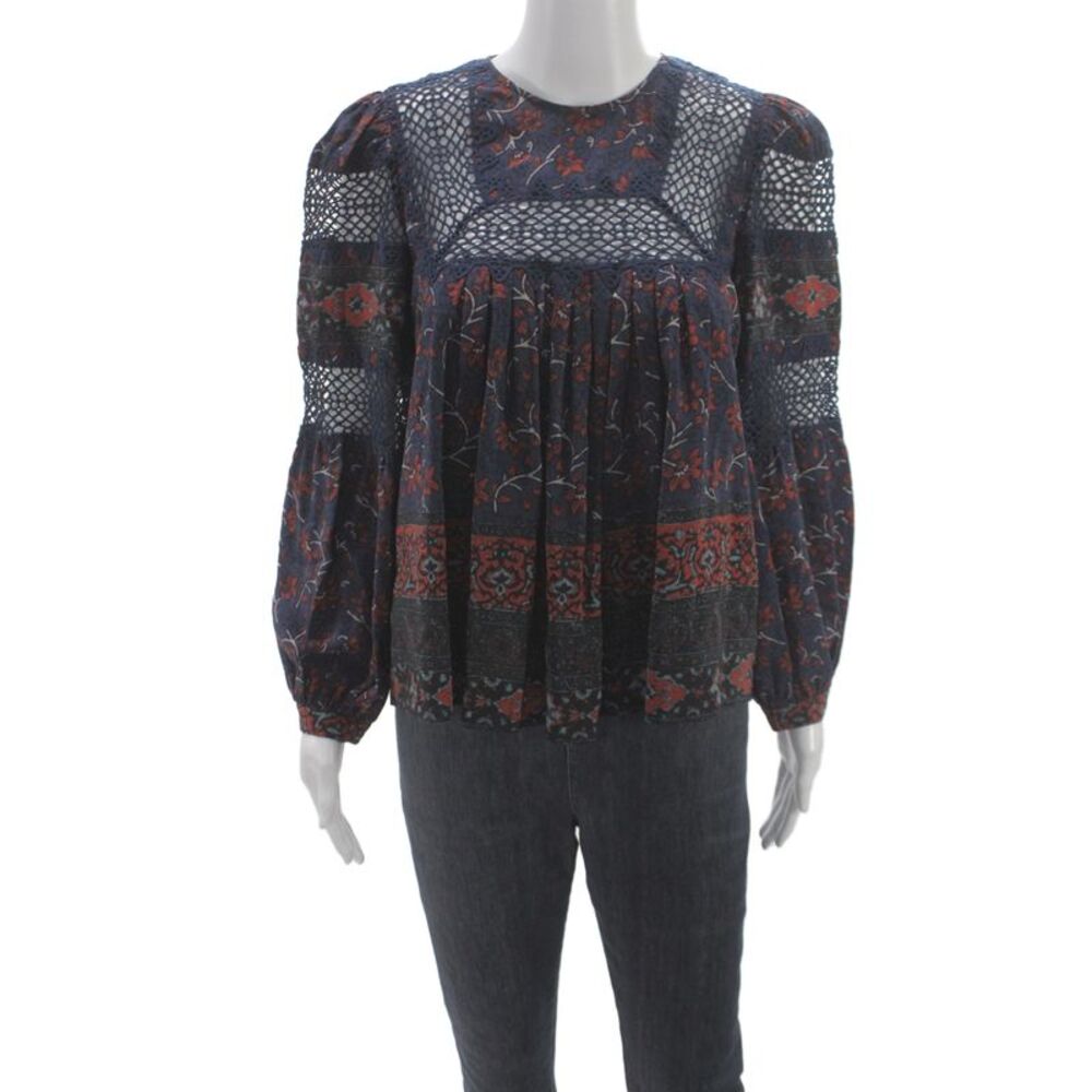 Sea New York Womens Silk Floral Tunic Long Sleeve Round Neck Button Blue Size 4